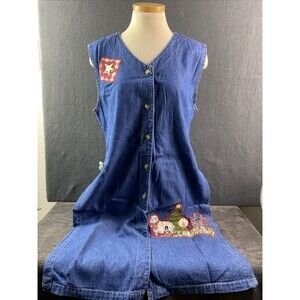 AJS Denim Wear Christmas Holiday Blue Denim 100% Cotton Apron Dress Size M VTG